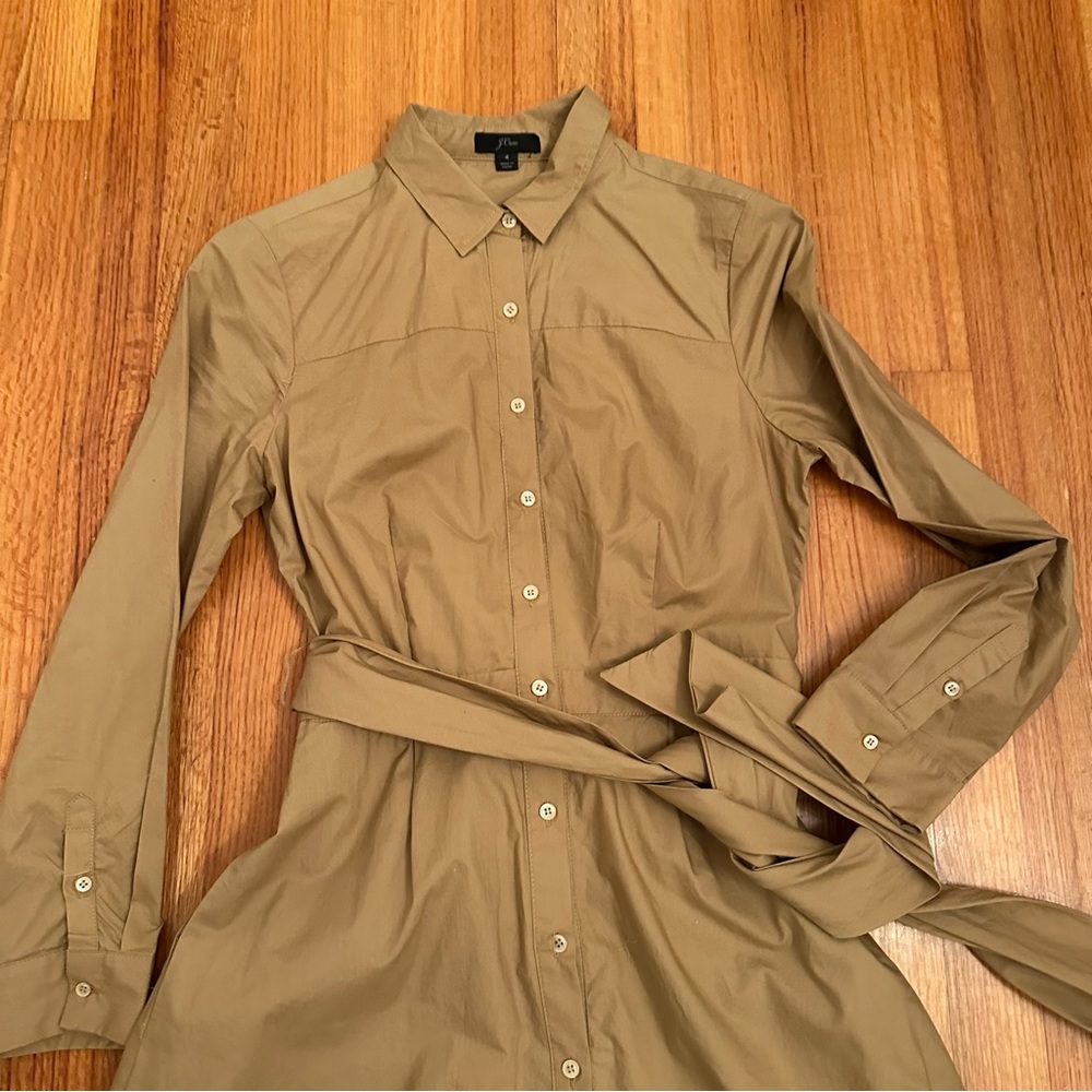 J. Crew Tie-Waist Shirtdress in cotton poplin Tan khaki color Size 4(#2) - Picture 4 of 16